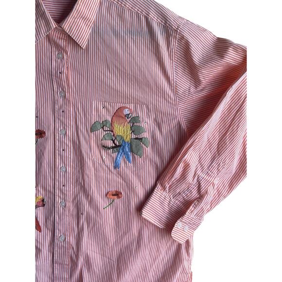 Mili Designs Women’s Button Up Shirt Orange Striped Parrots Appliqué Jewel LARGE - Picture 3 of 11